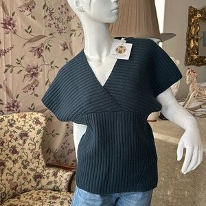 Cashmere Dark Aqua blue Drop shoulder Square short sleeve Sweater Top Vest Vneck
